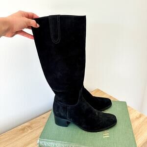 La Canadienne Suede Block Heels Pull On Boots Black 8.5